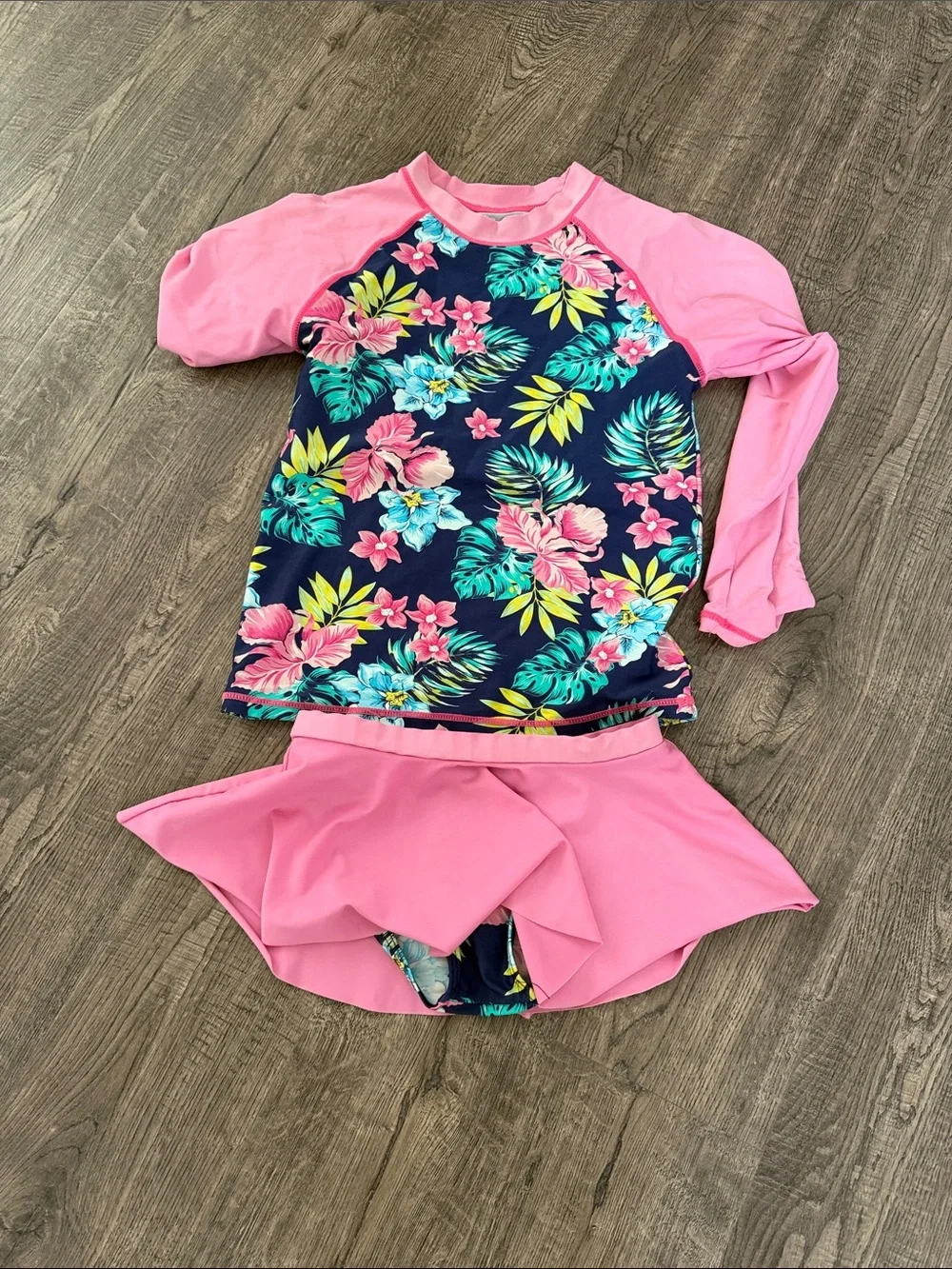 Girls' Navy Floral & Pink Long-Sleeve Rashguard Swim Set